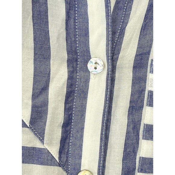 Chico’s Spliced Stripe Blue White Button Front Tunic Pockets Chicos Sz 0 (4-6) - Picture 6 of 11